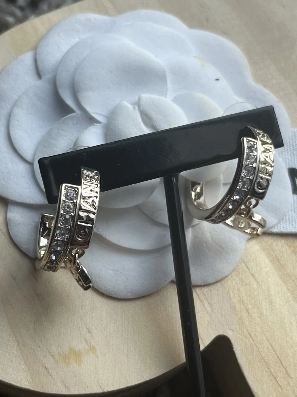 Authentic CHANEL Gold-Tone Crystal Small Hoop Earrings